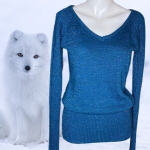 Tulle Sparkly Blue V- Neck Sweater Blue Size M